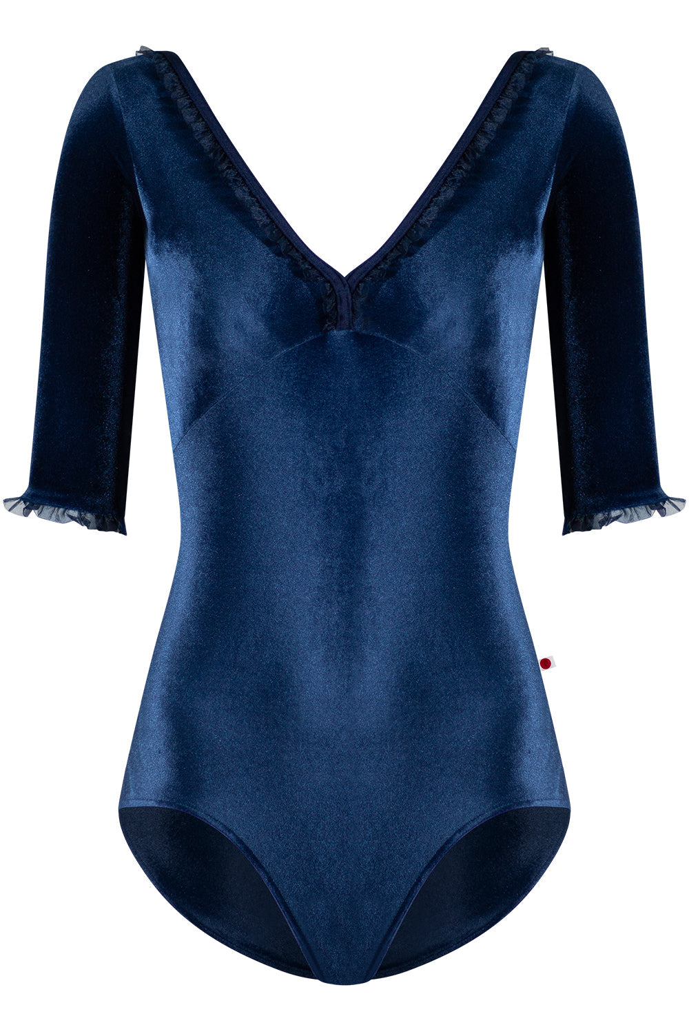 Alicia leotard in V-Pisces body & top color with N-Dark Blue trim color, Half Sleeves and Dark Blue ruffle