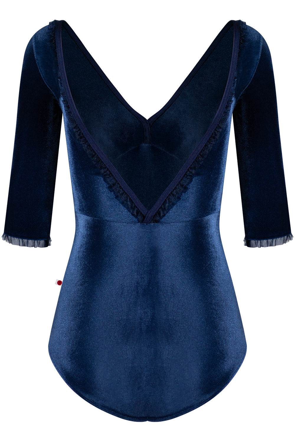 Alicia leotard in V-Pisces body & top color with N-Dark Blue trim color, Half Sleeves and Dark Blue ruffle