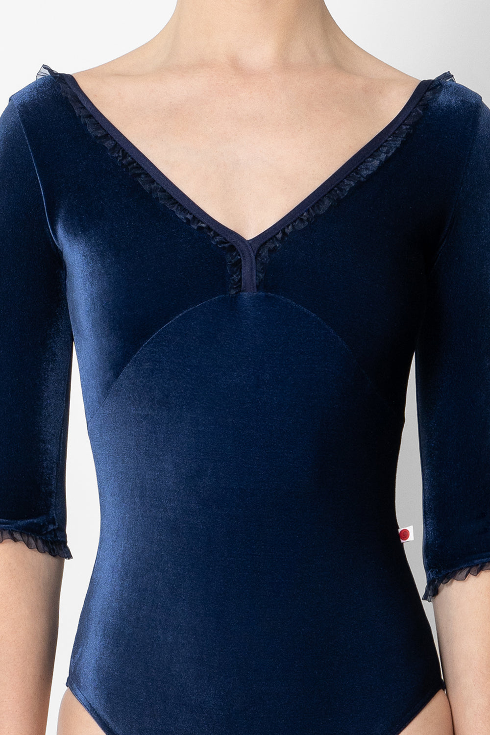 Alicia leotard in V-Pisces body & top color with N-Dark Blue trim color, Half Sleeves and Dark Blue ruffle