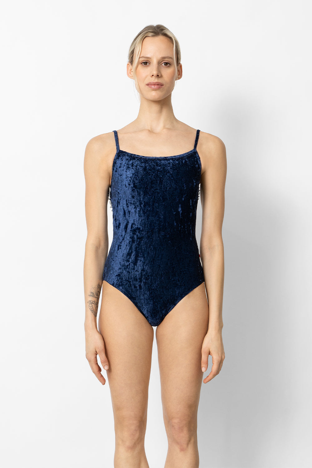 Daniela leotard in CV-Dark Blue body color with CV-Dark Blue trim color and Dark Blue ruffle