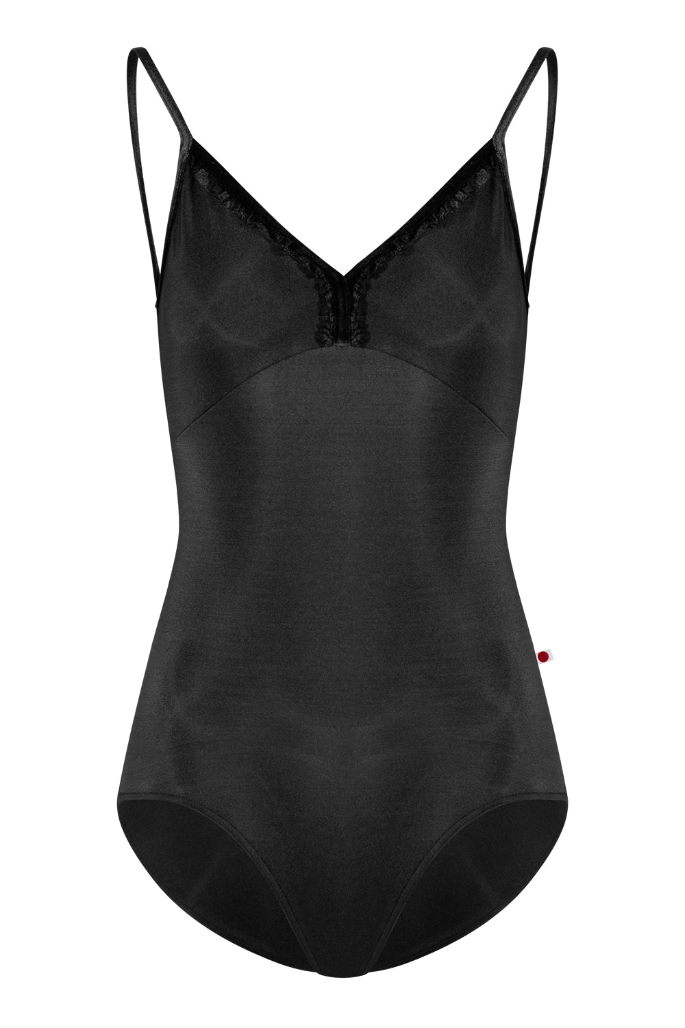 Daria leotard in N-Black body & top color with V-Black trim color and Black Ruffle