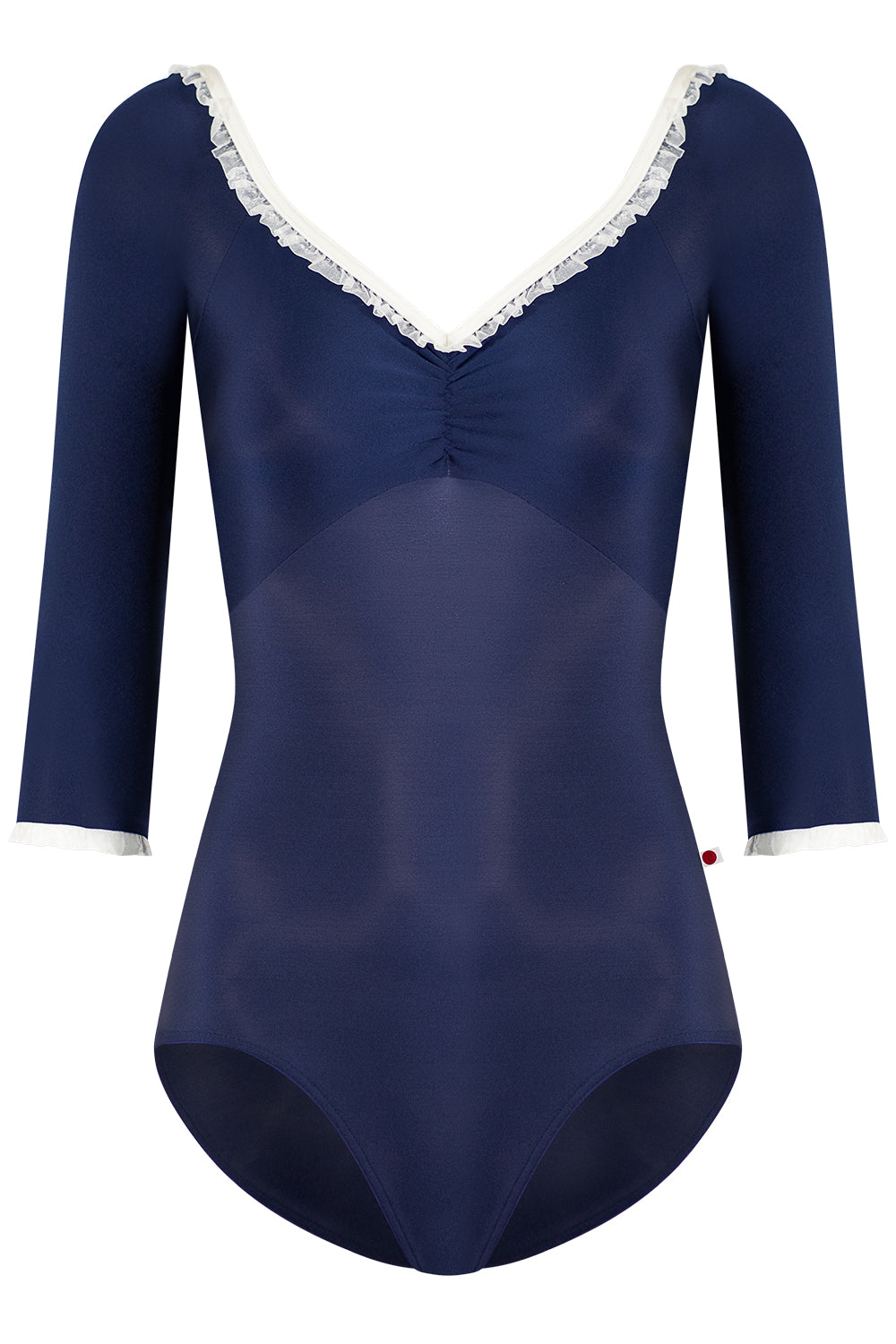 Elli leotard in N-Dark Blue body & Top color, N-Antique Trim, 3Q sleeves and White Ruffle