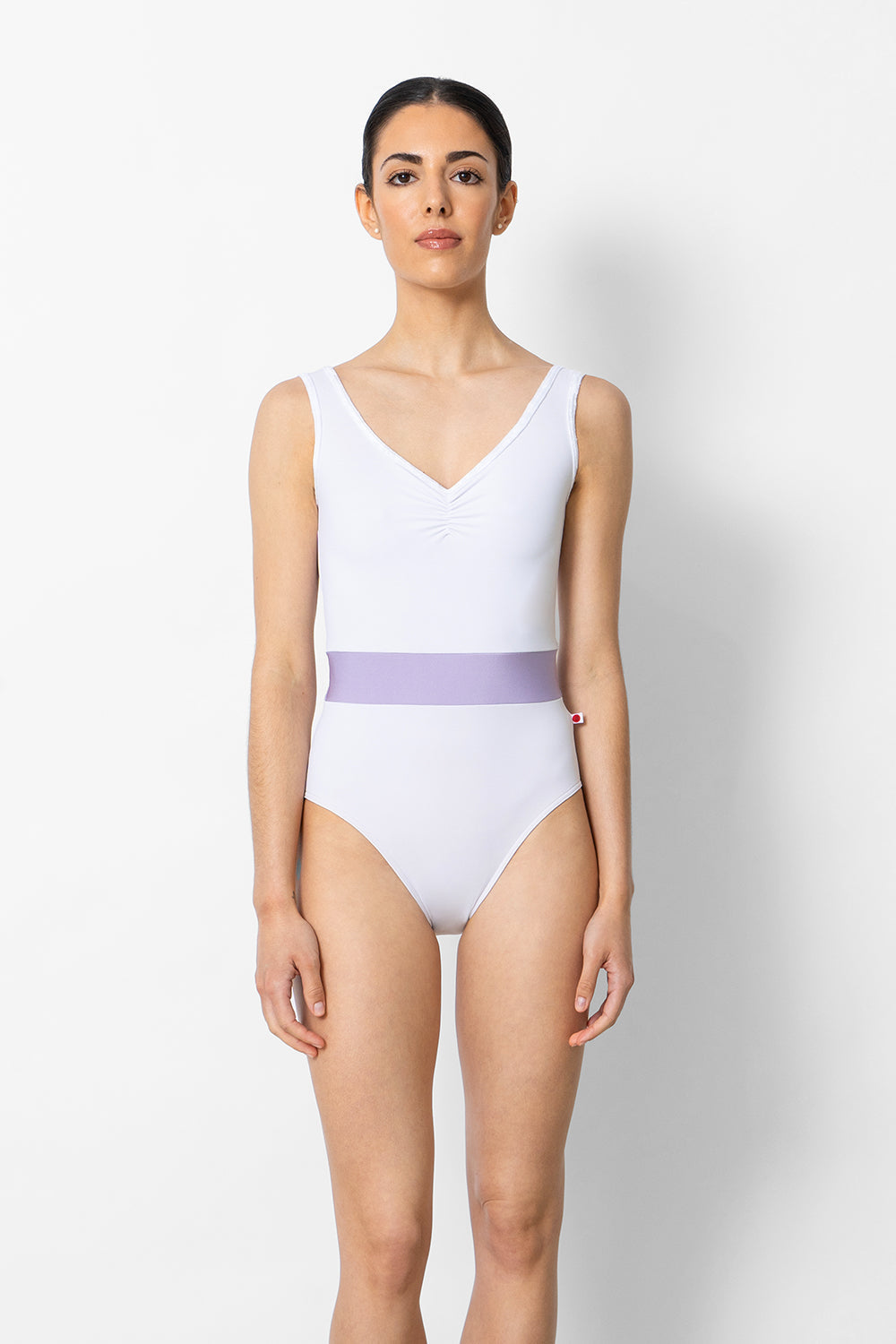 Lucy leotard in T-White body & top color with N-Poem middle band color and CV-White trim color