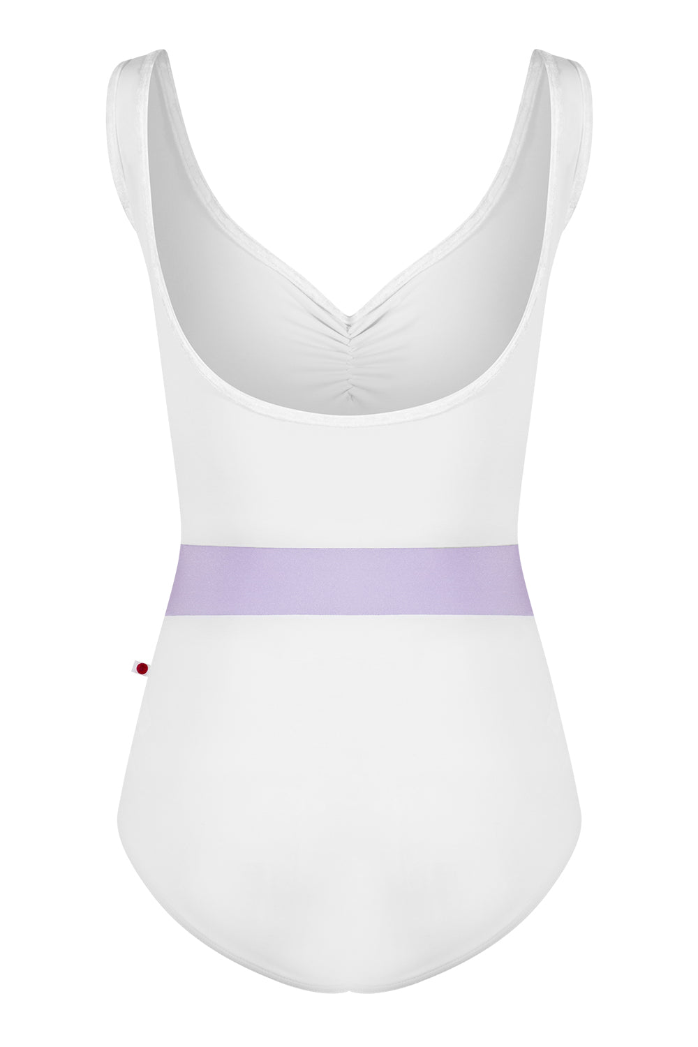 Lucy leotard in T-White body & top color with N-Poem middle band color and CV-White trim color