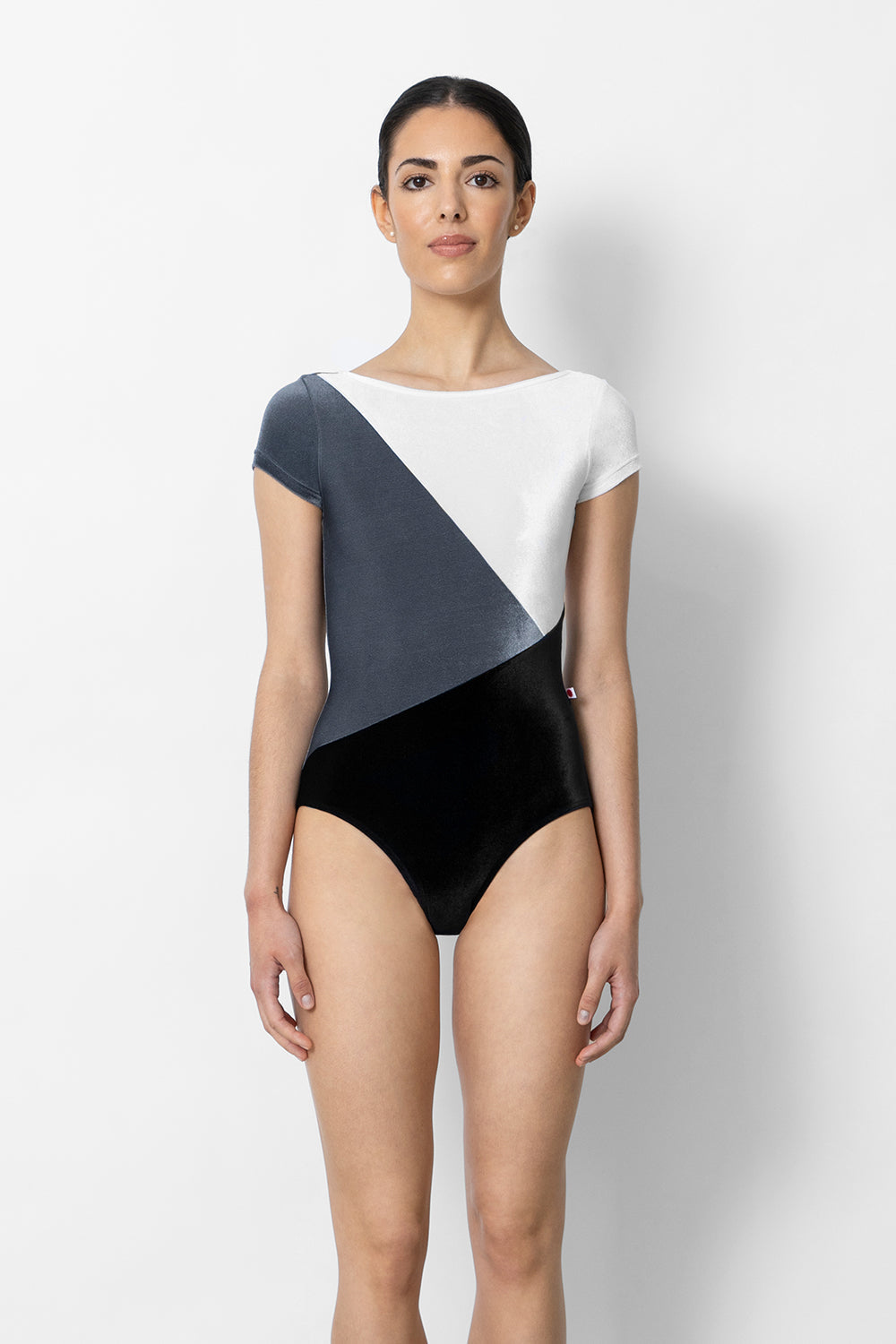 Linear leotard in V-Black bottom color with V-Steel and V-White top colors