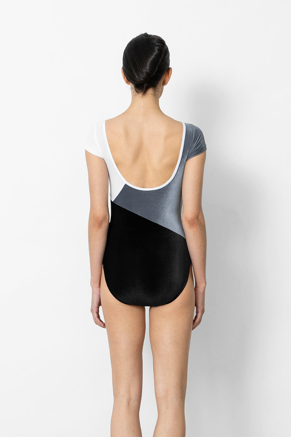 Linear leotard in V-Black bottom color with V-Steel and V-White top colors