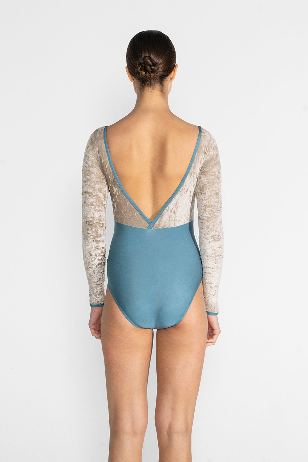 Alicia leotard in N-Frost body color with CV-Toffee top color & long sleeves and N-Frost trim color