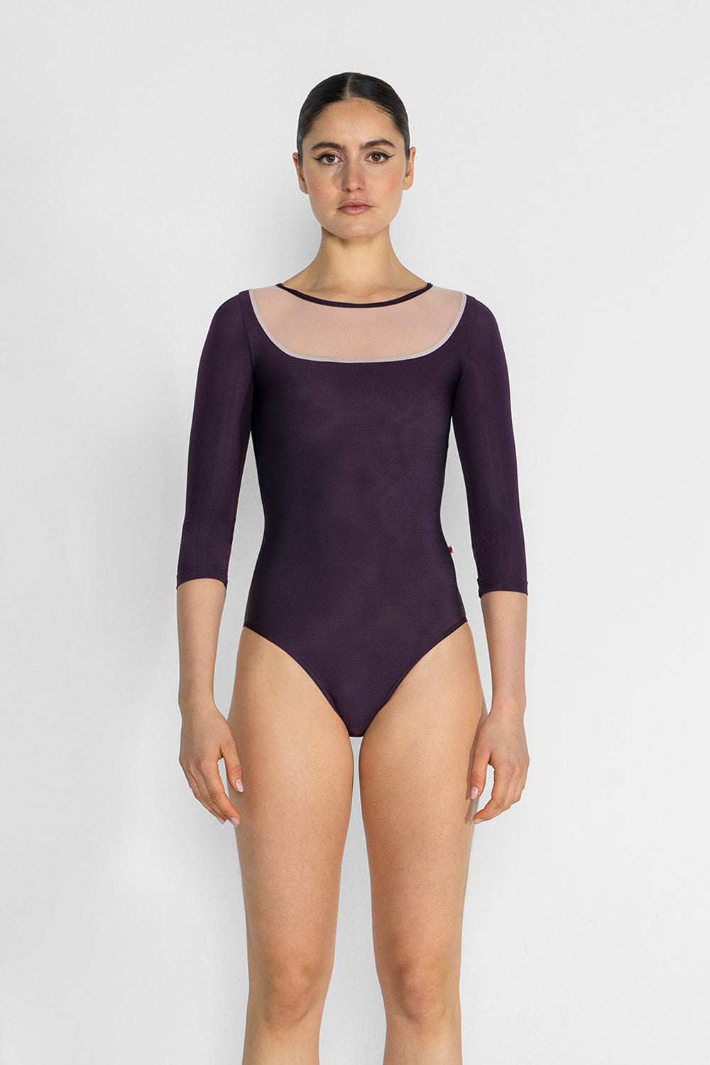 Cynthia leotard in N-Eggplant body color with Mesh Blush top color and N-Eggplant trim color & 3Q sleeves