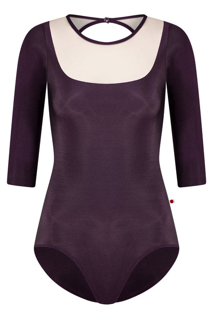 Cynthia leotard in N-Eggplant body color with Mesh Blush top color and N-Eggplant trim color & 3Q sleeves