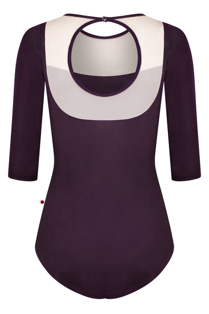 Cynthia leotard in N-Eggplant body color with Mesh Blush top color and N-Eggplant trim color & 3Q sleeves