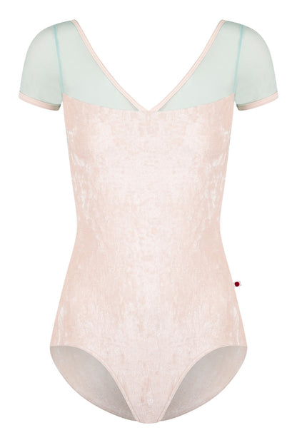 Masha leotard in CV-Misty Rose body color with Mesh Whisper top color & Short Sleeves and T-Misty Rose trim