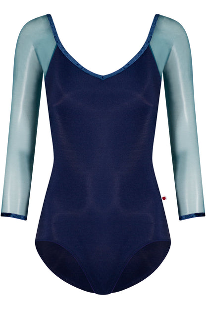Nina leotard in N-Dark Blue body color with Mesh Lagoon top & 3Q sleeve color and CV-Dark Blue trim color