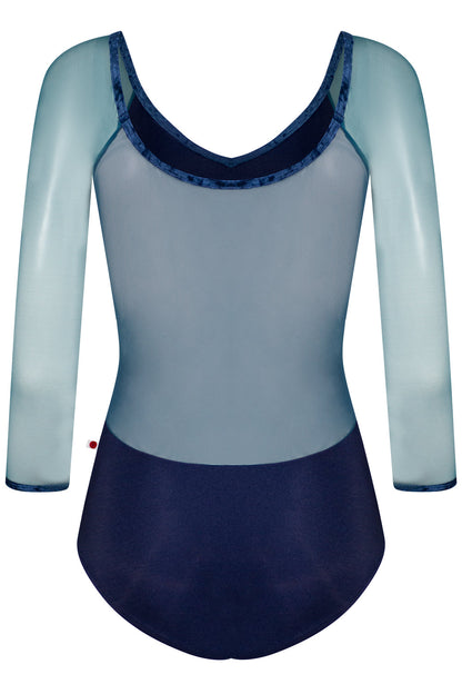 Nina leotard in N-Dark Blue body color with Mesh Lagoon top & 3Q sleeve color and CV-Dark Blue trim color