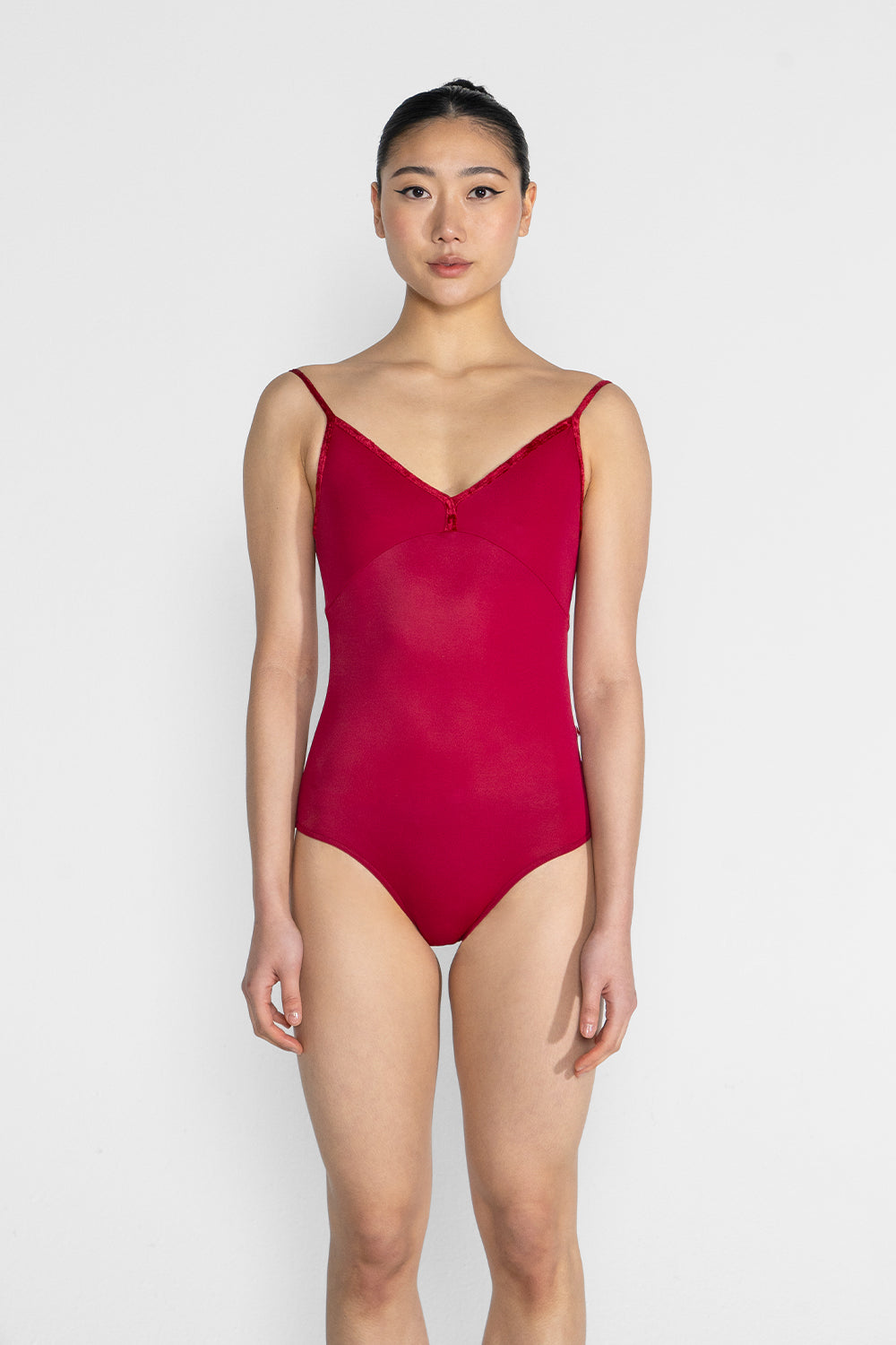 Daria leotard in T-Babylon body &amp; top color with CV-Dark Red trim color