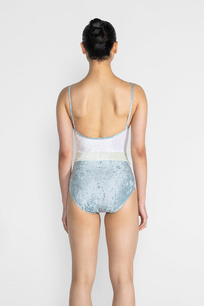 Micha leotard in CV-Ice body color with CV-White top color, CV-Ice trim color and CV-Pistachio middle band color