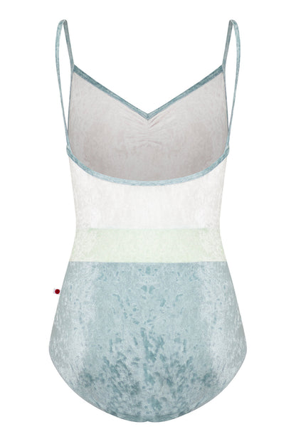 Micha leotard in CV-Ice body color with CV-White top color, CV-Ice trim color and CV-Pistachio middle band color