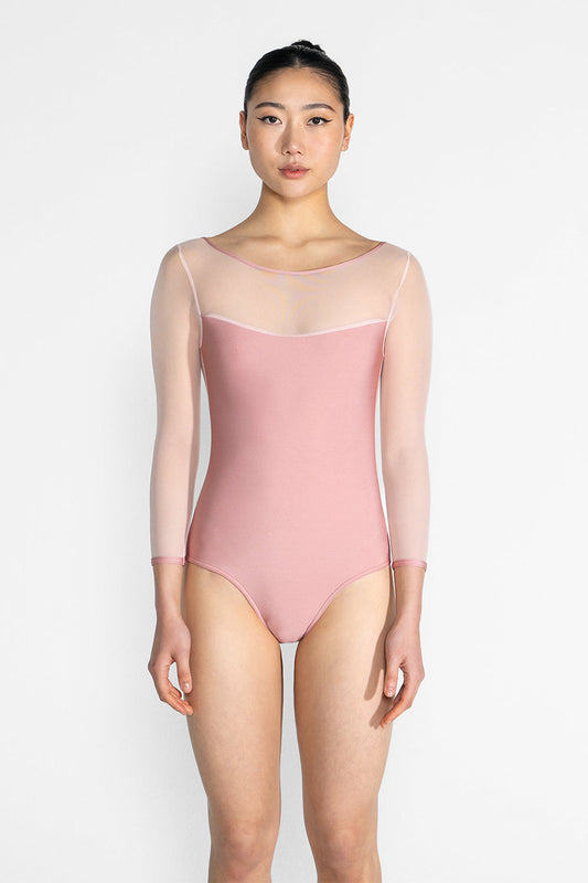 Meagan leotard in N-Antique Rose body & trim color with Mesh Blush top color and 3Q Sleeves