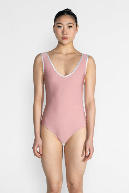Gina Mesh leotard in N-Antique Rose body color with Mesh Blush top color and CV-Silver trim color