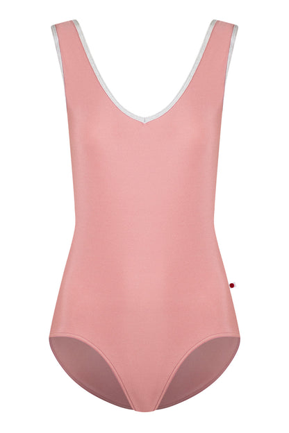 Gina Mesh leotard in N-Antique Rose body color with Mesh Blush top color and CV-Silver trim color