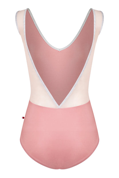 Gina Mesh leotard in N-Antique Rose body color with Mesh Blush top color and CV-Silver trim color