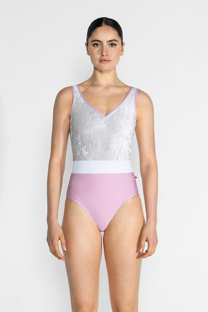 Lucy leotard in N-Confetti body & trim color with CV-Silver top color and T-White middle band color
