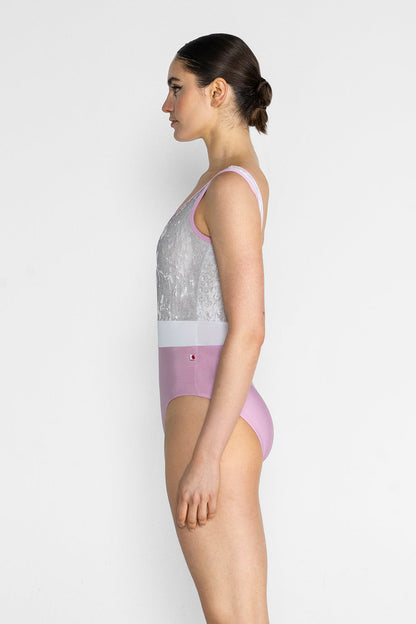 Lucy leotard in N-Confetti body & trim color with CV-Silver top color and T-White middle band color