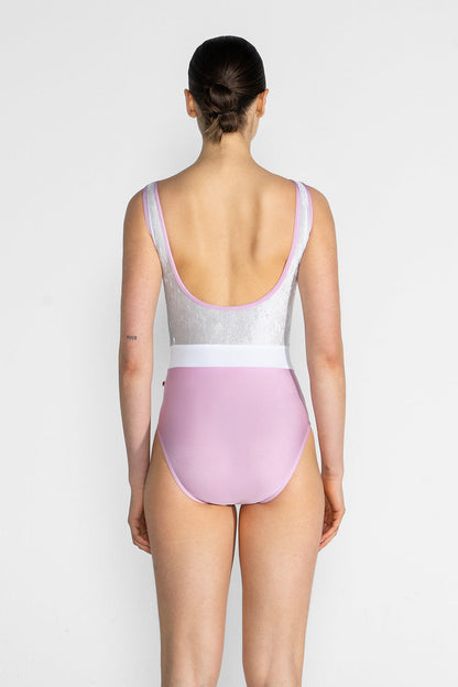 Lucy leotard in N-Confetti body & trim color with CV-Silver top color and T-White middle band color