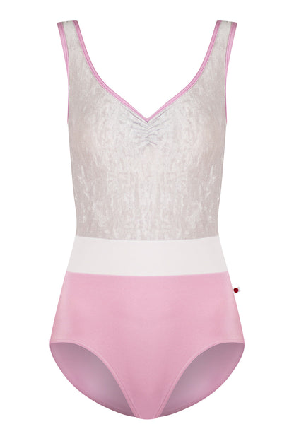 Lucy leotard in N-Confetti body & trim color with CV-Silver top color and T-White middle band color