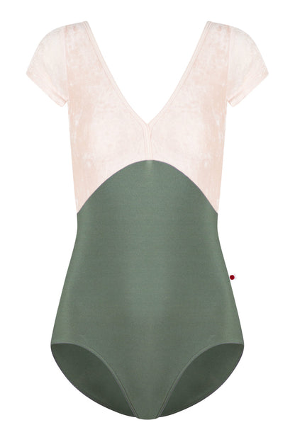 Alicia leotard in N-Sage body color with CV-Misty Rose top color and T-Misty Rose trim color