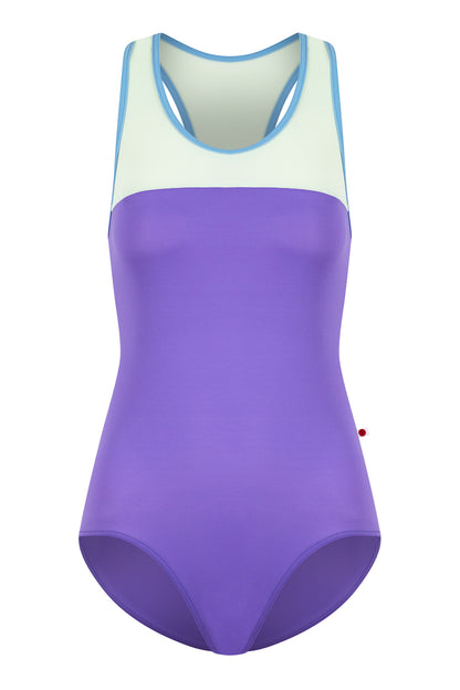 Erica leotard in T-Wisteria body color with T-Pistachio top color and T-Bluebell trim color
