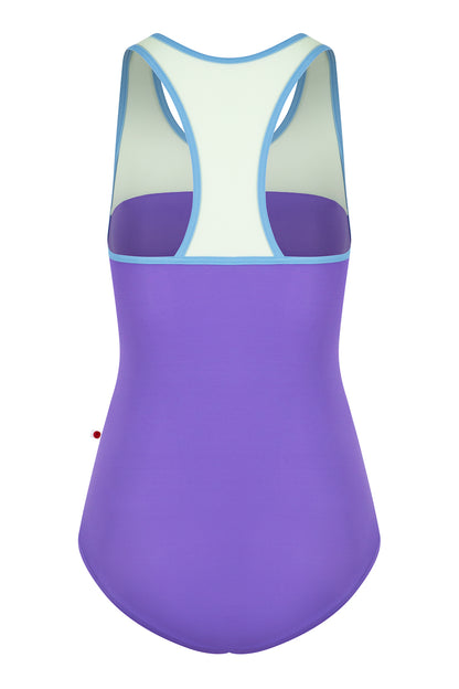 Erica leotard in T-Wisteria body color with T-Pistachio top color and T-Bluebell trim color