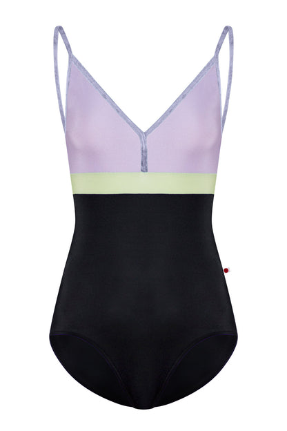 Zoe leotard in T-Black body color with N-Poem top color, CV-Angelic trim color and N-Ginko middle band color