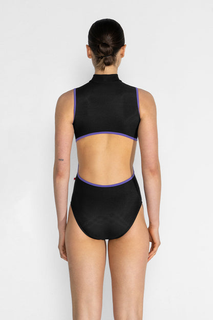 Charlotte leotard in N-Black body color with T-Wisteria trim color