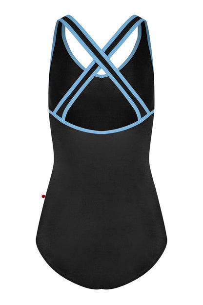 Sonoya leotard in N-Black body color with T-Bluebell trim color