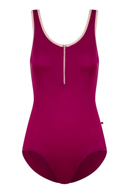 Cora leotard in T-Maroon body color with T-Petal trim & zipper color