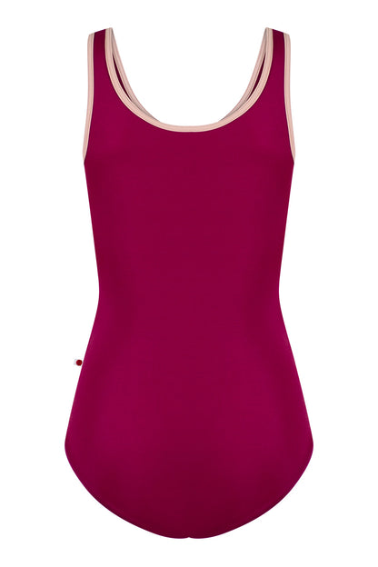 Cora leotard in T-Maroon body color with T-Petal trim & zipper color