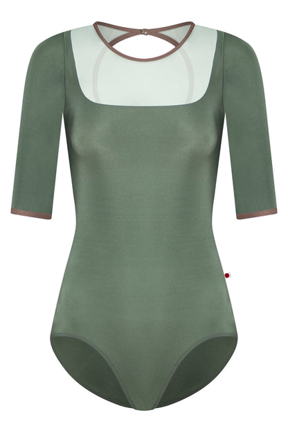 Cynthia leotard in N-Sage body color with Whisper top color and N-Star trim color