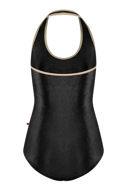 Jaione leotard in V-Black body color with T-Mosaic trim color