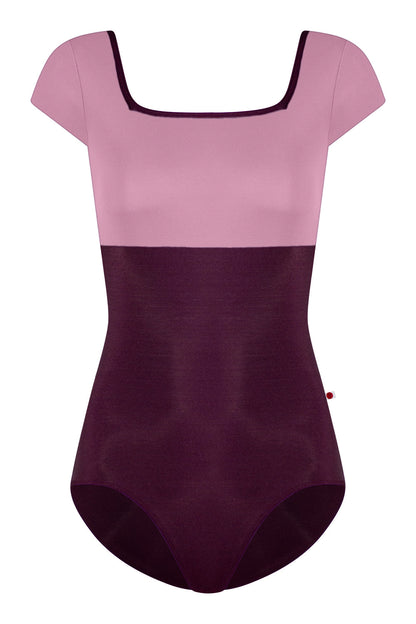 Marieke duo leotard in N-Opera body & trim color with N-Confetti top color and short sleeves