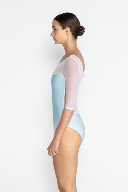 Meagan leotard in N-Mirror body & trim color with Mesh White top color