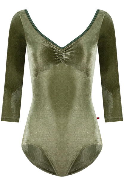 Anna Duo Pinch leotard in V-Safari body & top color with T-Jungle trim color and V-Safari 3Q sleeves