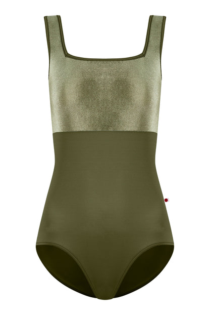 Marieke leotard in T-Jungle body & trim color with V-Safari top color