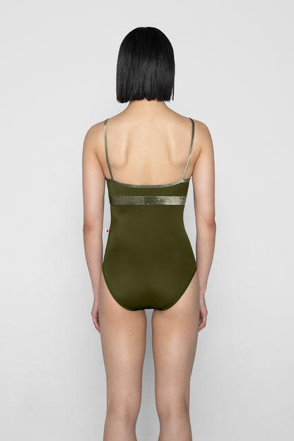 Zoe leotard in T-Jungle body & top color with V-Safari trim & middle band color