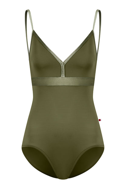 Zoe leotard in T-Jungle body & top color with V-Safari trim & middle band color