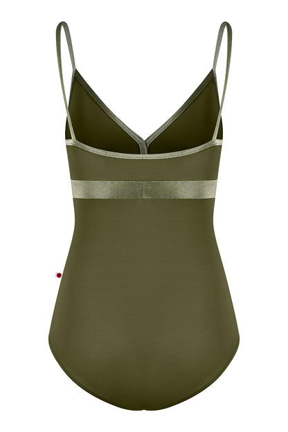 Zoe leotard in T-Jungle body & top color with V-Safari trim & middle band color