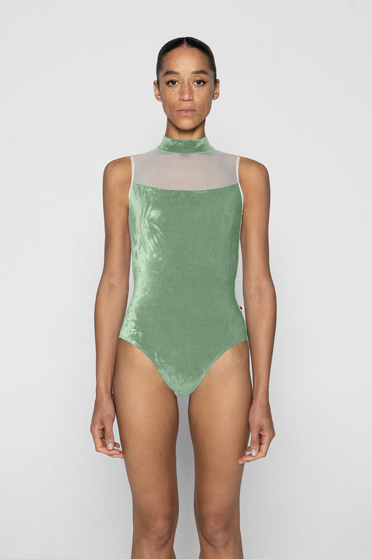 Camila leotard in V-Meadow body color with Mesh Whisper top color and N-Pearl trim color