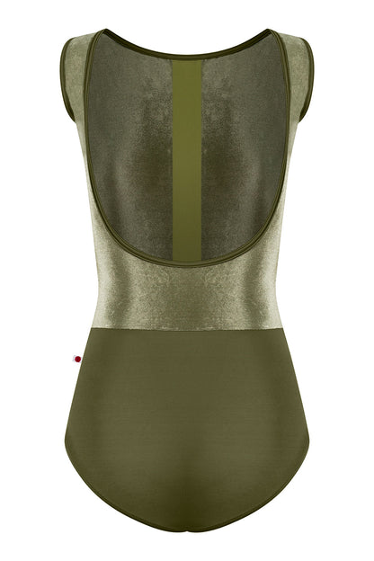 Didi leotard in T-Jungle body & trim color with V-Safari top color and T-Eden middle band