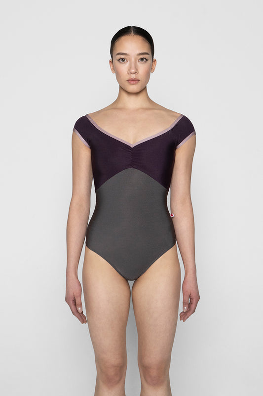 Elli leotard in N-Shadow body color with N-Eggplant top color and N-Magic trim color