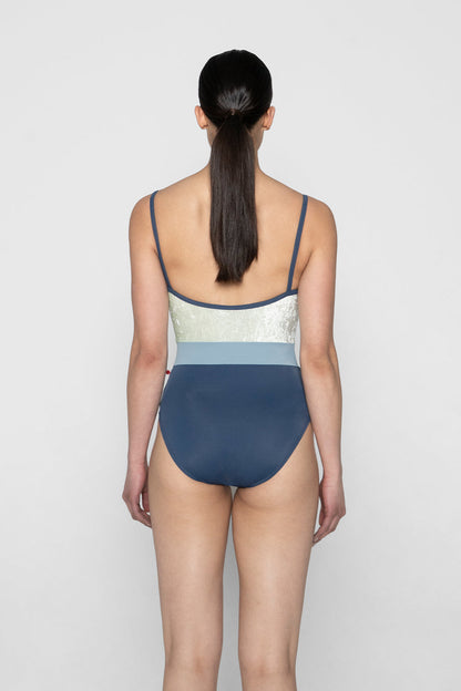Micah leotard in T-Storm body & trim color with CV-Pistachio top color and T-Fog middle band color