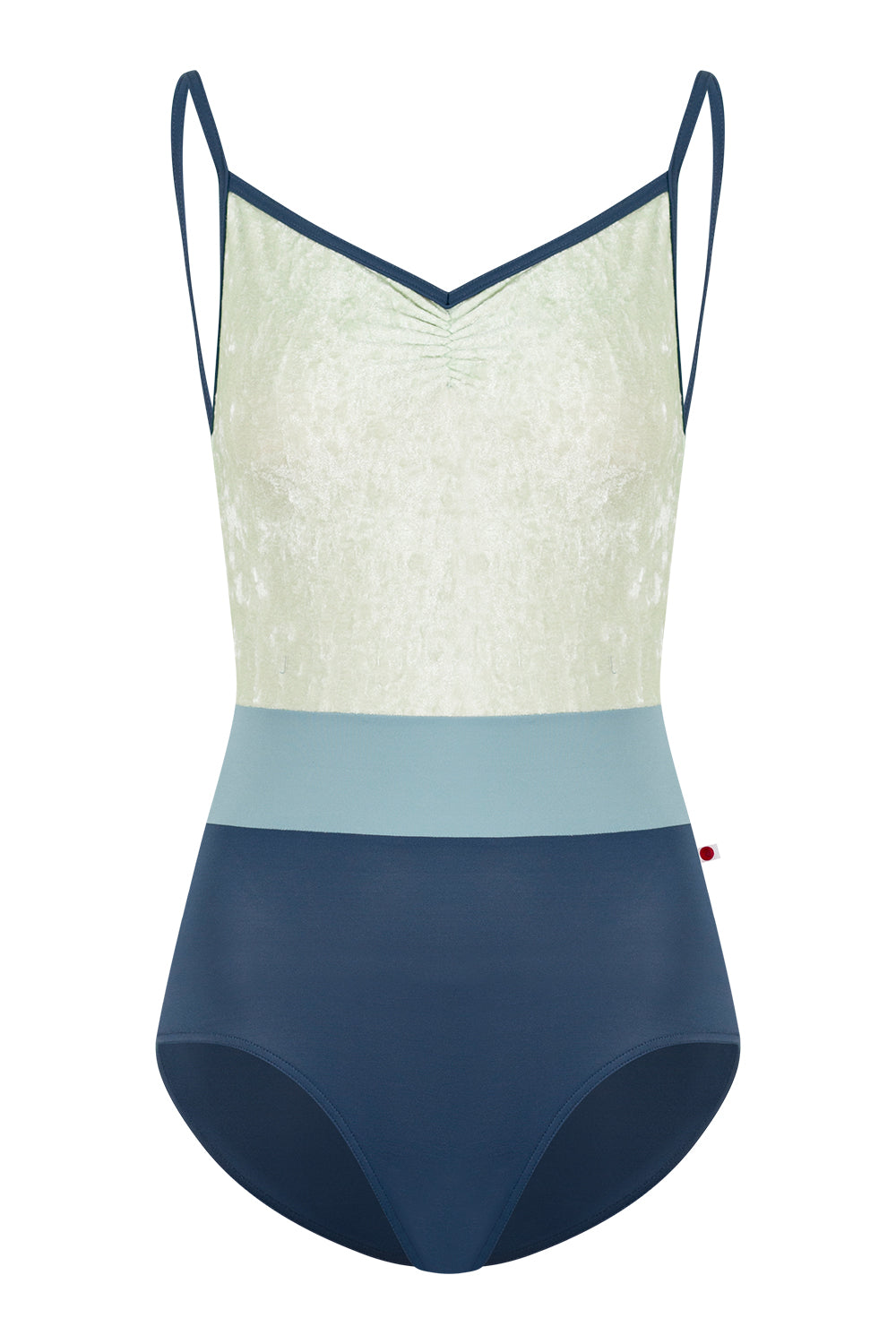Micah leotard in T-Storm body & trim color with CV-Pistachio top color and T-Fog middle band color